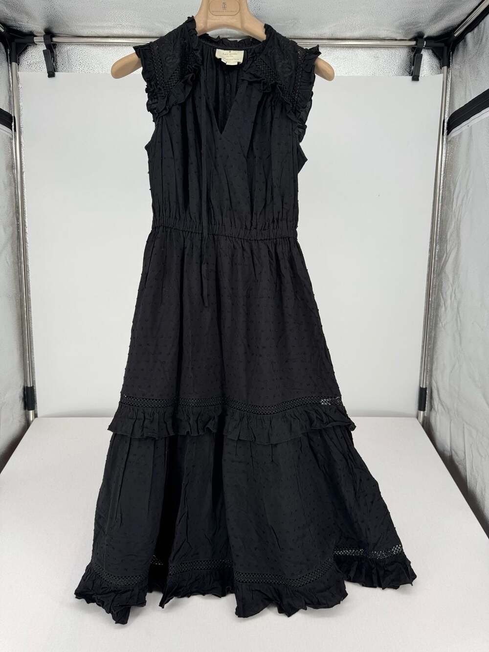 Kate Spade Midi Dress Size XS Black Swiss Dot Tiered Sleeveless